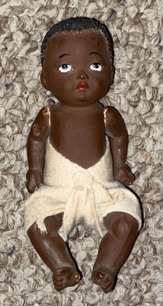 Antique Small Black Bisque Baby Doll Japan 4 3/4”