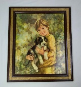 Boy With Puppy Framed Picture C.  Mitchell Vintage Mcm Mid Century Wall Art 20x23