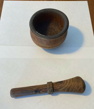 Antique Primitive Turned Wooden Mortar & Pestle Spice Pantry Apothecary Aafa