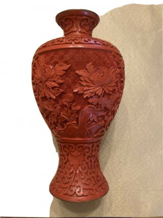 Vintage Chinese Carved Red Lacquerware Cinnabar Vase Blue Enamel