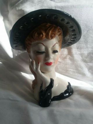 Vintage Napco Lady Head Vase S3480 Black Hat 4 "