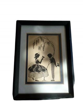Vtg Silhouette Shadow Art Paper Cut - Out Victorian Courting Couple Framed Picture