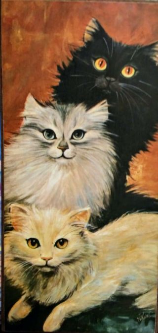 1970s Retro Vintage Rt Harnett Persian Cats Wall Print Wood Plaque Picture