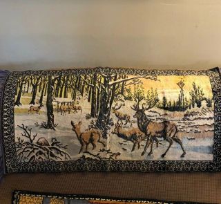 Vintage Tapestry Elk Deer 38 X 19 Fringe On Side Good Color Rare
