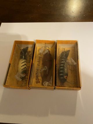 3 Vintage Bomber Fishing Lure W/ Box And Paper Old Stock