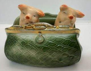 Antique Pink Pigs Fairing German Porcelain Figurine Two Piglets In A Purse