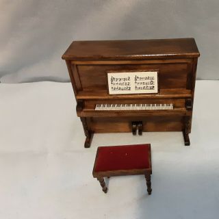 Vintage Miniature Dollhouse Wood Upright Piano With Bench