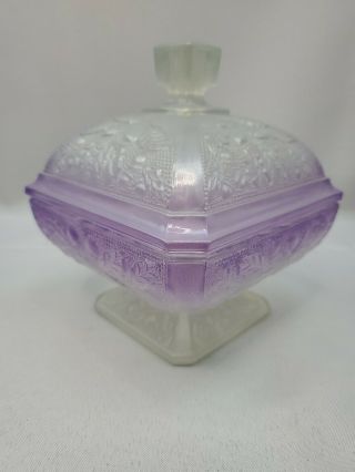 Vintage Cut Clear And Purple Glass Square Pedestal Candy Dish With Lid