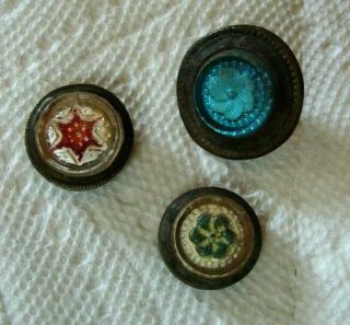 3 Victorian Sulfide Sandwich Type Glass Picture Nail Covers Red Star And Flowers