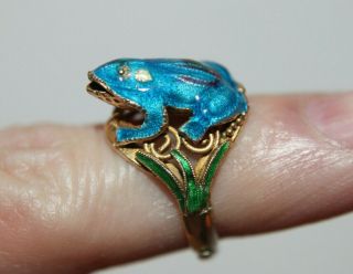 Vintage Chinese Export Sterling Silver Enameled Frog Ring 3d Adjustable