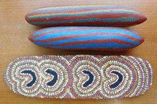 Auc4 2x Central Australian Aboriginal Message Board & Clap Sticks Yuenduma Nt