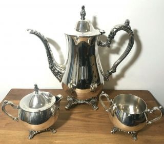 Vintage Oneida Usa Silverplate Footed Coffee / Tea Pot Set Creamer And Sugar
