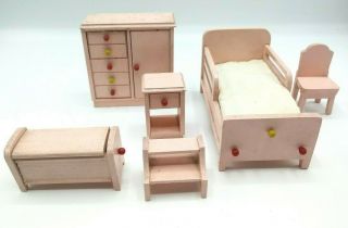 Vintage Strombecker Pink Wood 6 Piece Dollhouse Bedroom Furniture In Guc