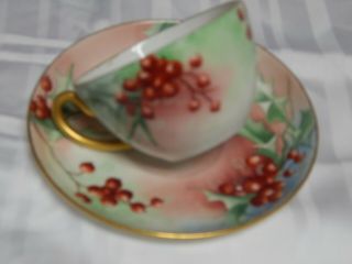 Antique C T Germany Carl Tielsch Hp Porcelain Holly Berry Cup Amd Saucer