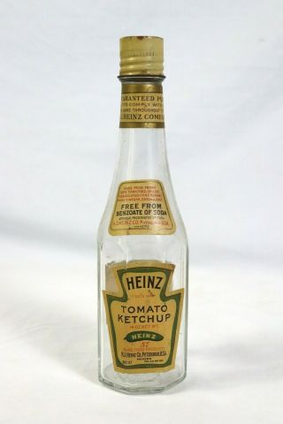 Rare Antique Heinz Ketchup Glass Bottle W Labels & Cap Vtg