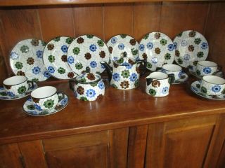 Antique German Green/blue/brown Floral China Tea Set With Plates/cups/saucers