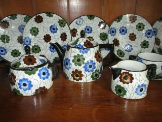 Antique German green/blue/brown floral china tea set with plates/cups/saucers 2