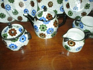 Antique German green/blue/brown floral china tea set with plates/cups/saucers 3