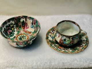 Vintage Chinese Famille Rose Porcelain Bowl And Cup And Saucer