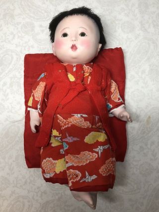 9.  5” Vintage Japanese Cute Baby Doll Porcelain W/ Robe & Pillow Kimono Boy Sb