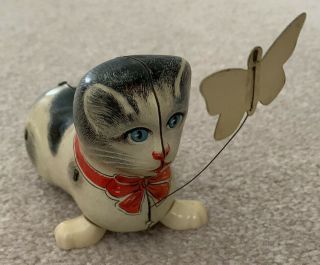 Rare Vintage Kohler Gnk Kitty Cat Chasing Butterfly German Tin Litho Wind Up Toy