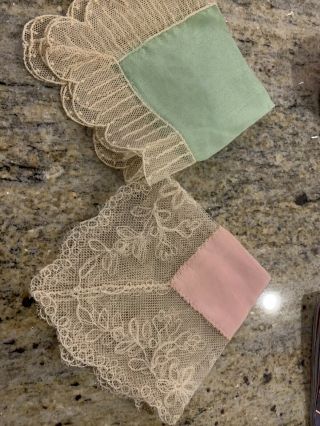 Two Gorgeous Vintage Silk Hankies With French Lace Trim