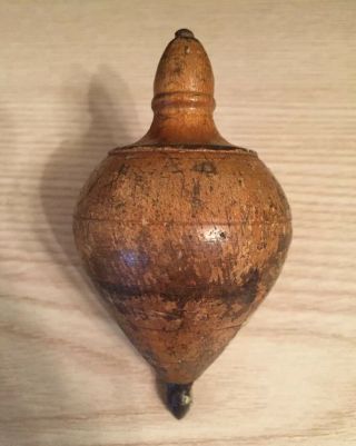 Antique Primitive Wooden Spinning Toy Top W/ Metal Tip - Old Child 