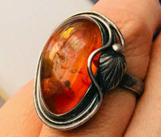 Vintage/antique 925 Sterling Silver Amber Cabochon Ring - Size 6