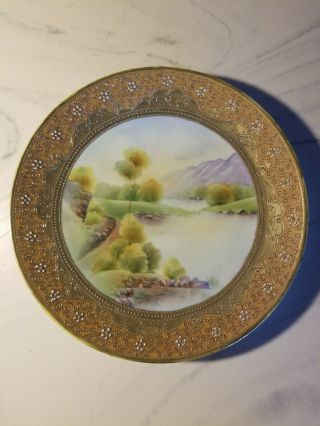 Antique Nippon Maple Leaf Hand Painted Scenic Gold Moriage 10 " Plate