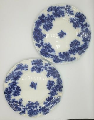 2 Antique Flow Blue Lancaster Pattern Plate Wharf Pottery England 9” 1800s 2