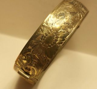 An Antique Victorian Floral Engraved Gold Filled Hinged Bracelet Sunflowers