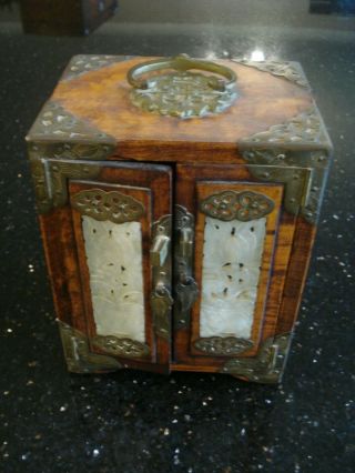 Vintage Oriental Chinese Table Cabinet Jewellery Box With Carved Jade Panels