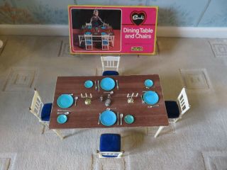 Vintage Pedigree Sindy Doll Dining Table,  Chairs & Tableware - 1970 