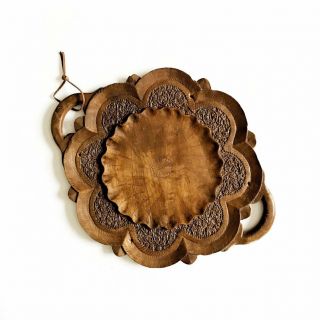 Vintage Small Decorative Handcraft Wooden Tray Or Wall Plate Brown Engraved