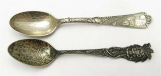 Vintage Set Of 2 - Sterling Silver Indian Head & Deer Scene Souvenir Spoons