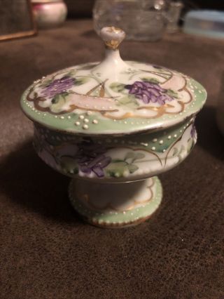 Nippon Antique Hand Painted Purple Flowers Porcelain Pedestal Ring Dish