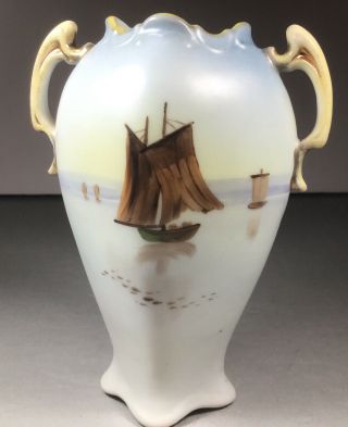 Vintage Rare Nippon Vase Hand Painted With “days Of Yore” Boats