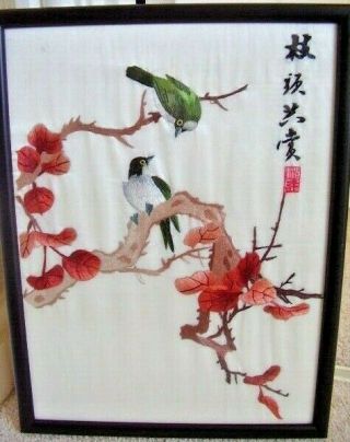 Vintage Chinese Embroidery/japanese Silk Under Glass Picture,  Framed,  Birds