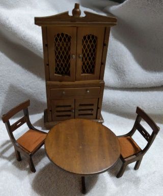 Vtg Wood Hutch,  Round Table (2) Chairs Miniature Dollhouse Furniture