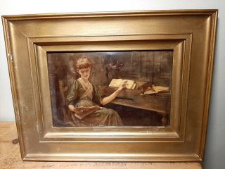 Antique Victorian Crystoleum Reverse Painting Convex Glass Lady Piano
