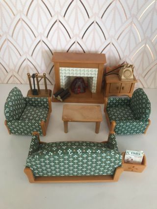 Sylvanian Families - Living Room Set Green Sofa & Chairs With Fireplace,