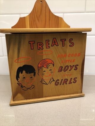 Vintage Wood Painted Treats Box For Good Little Boys & Girls Wooden Rare Euc 7x4