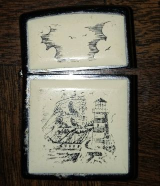 Black Scrimshaw Both Sides Zippo Ship And Lighthouse 1996 Rare (case Only)