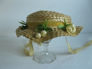 Vintage Antique Childs Doll Straw Hat With Velvet & Silk Flowers Cinderella N.  Y.