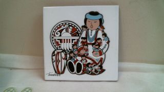Cleo Teissedre Hand Painted Kiln Fired Ceramic Art Tile W/ Nw Native Design