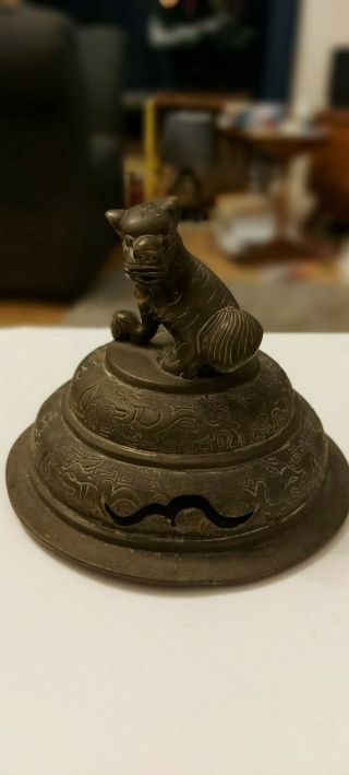Antique Chinese Bronze Censer Lid With Male Fu Dog/lion On Top