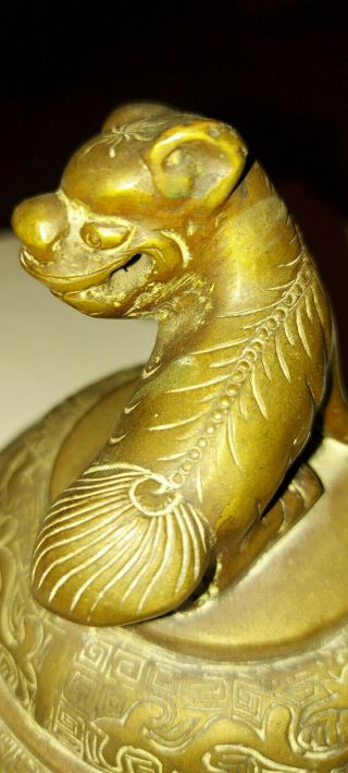 Antique Chinese Bronze Censer Lid With Male Fu Dog/Lion On Top 2
