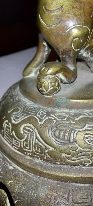 Antique Chinese Bronze Censer Lid With Male Fu Dog/Lion On Top 3
