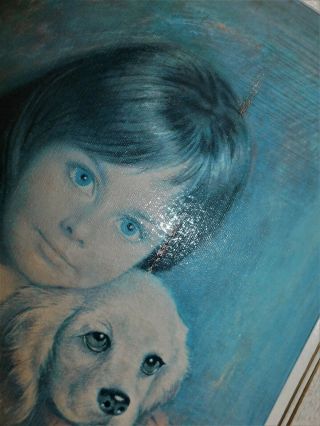 Vintage Large Retro Framed Lou Shabner Print On Board Big Eyed Girl Puppy Love