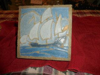 Extremely Rare Early Marblehead Pottery Tile 6 " X 6 " X 1 3/4 " Ship At Sea